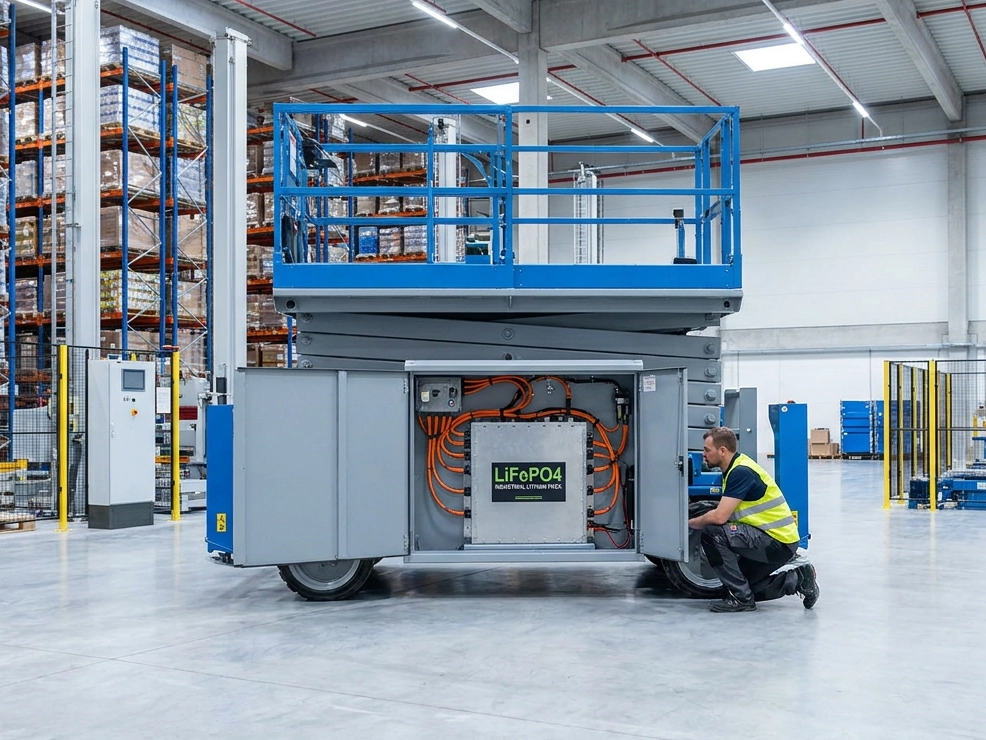 Heavy-duty LiFePO4 lithium battery pack installed in an electric scissor lift battery compartment in a clean industrial facility.